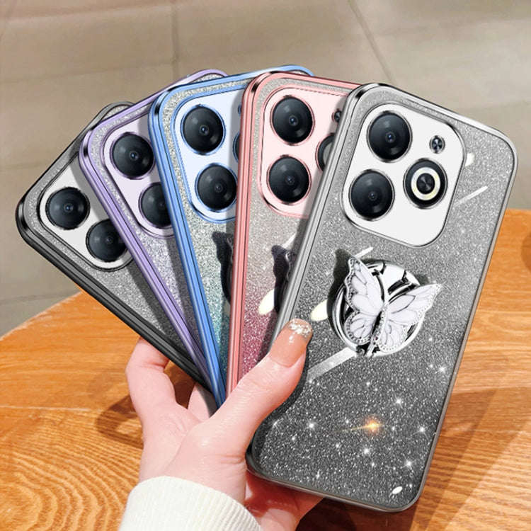 For Infinix Smart 8 Plated Gradient Glitter Butterfly Holder TPU Phone Case(Sierra Blue)
