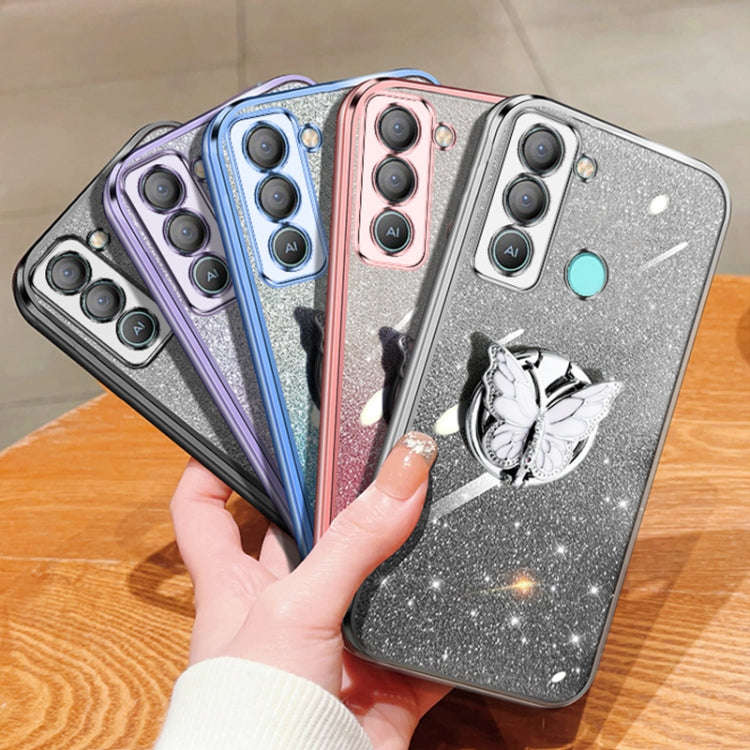For Tecno Pop 5 LTE Plated Gradient Glitter Butterfly Holder TPU Phone Case(Purple)