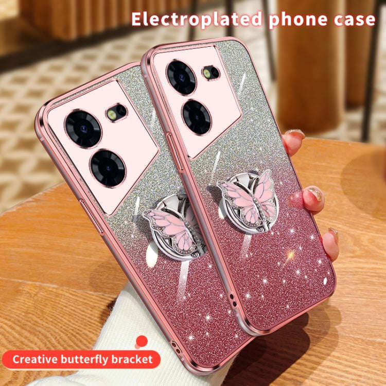 For Tecno Pop 5 Pro Plated Gradient Glitter Butterfly Holder TPU Phone Case(Sierra Blue)
