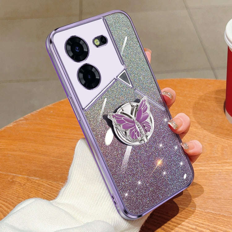 For Tecno Pova 6 Pro Plated Gradient Glitter Butterfly Holder TPU Phone Case(Purple)