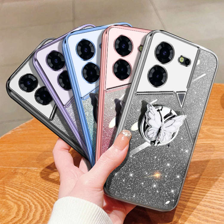 For Tecno Pova 6 Pro Plated Gradient Glitter Butterfly Holder TPU Phone Case(Purple)