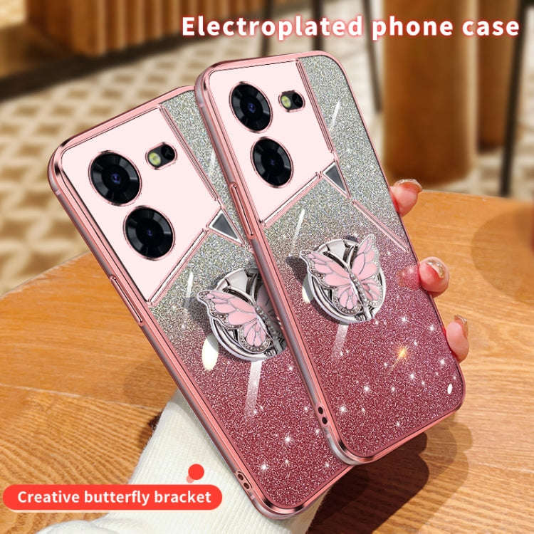 For Tecno Pova 6 Pro Plated Gradient Glitter Butterfly Holder TPU Phone Case(Purple)