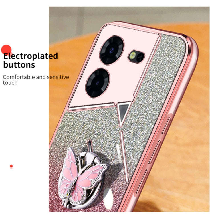 For Tecno Pova 6 Pro Plated Gradient Glitter Butterfly Holder TPU Phone Case(Purple)