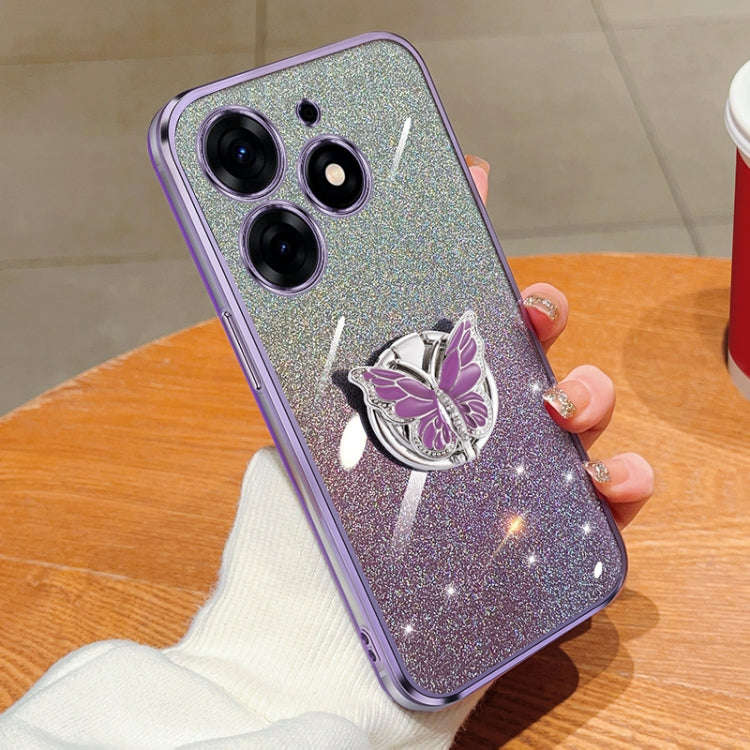 For Tecno Spark 10 Pro Plated Gradient Glitter Butterfly Holder TPU Phone Case(Purple)
