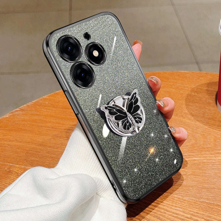 For Tecno Spark 10 Pro Plated Gradient Glitter Butterfly Holder TPU Phone Case(Black)
