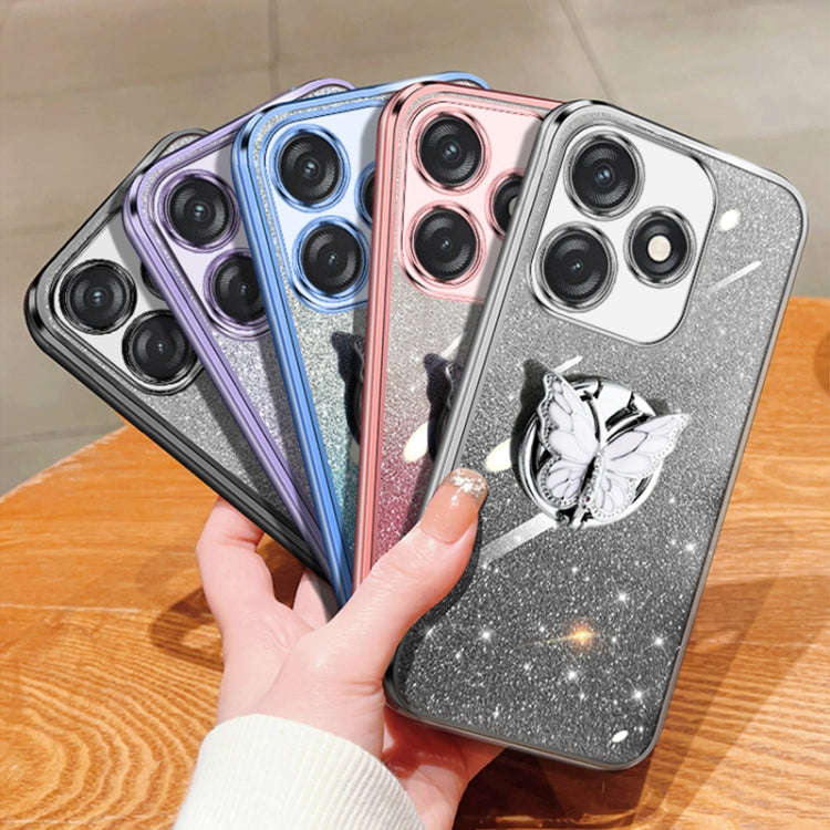 For Tecno Spark 10C Plated Gradient Glitter Butterfly Holder TPU Phone Case(Silver)