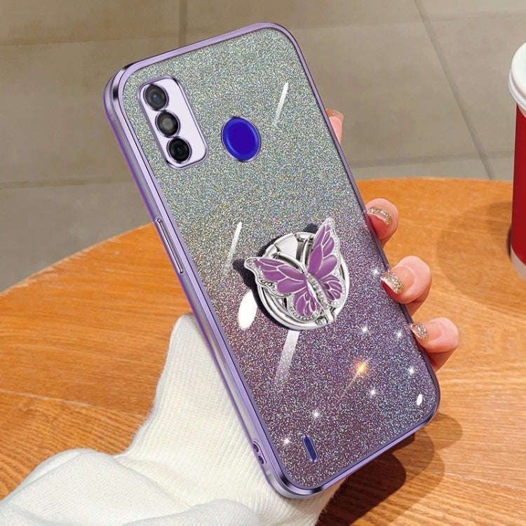 For Tecno Spark Go 2020 Plated Gradient Glitter Butterfly Holder TPU Phone Case(Purple)