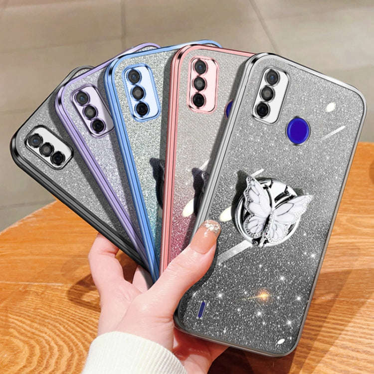 For Tecno Spark Go 2020 Plated Gradient Glitter Butterfly Holder TPU Phone Case(Black)