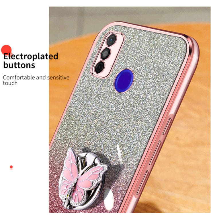 For Tecno Spark Go 2020 Plated Gradient Glitter Butterfly Holder TPU Phone Case(Black)