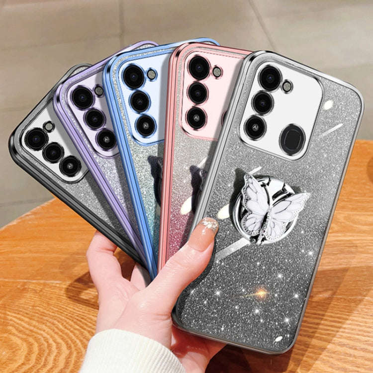 For Tecno Spark Go 2022 Plated Gradient Glitter Butterfly Holder TPU Phone Case(Silver)