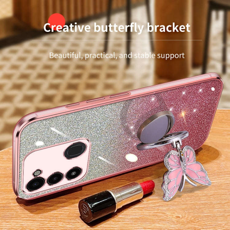 For Tecno Spark Go 2022 Plated Gradient Glitter Butterfly Holder TPU Phone Case(Silver)