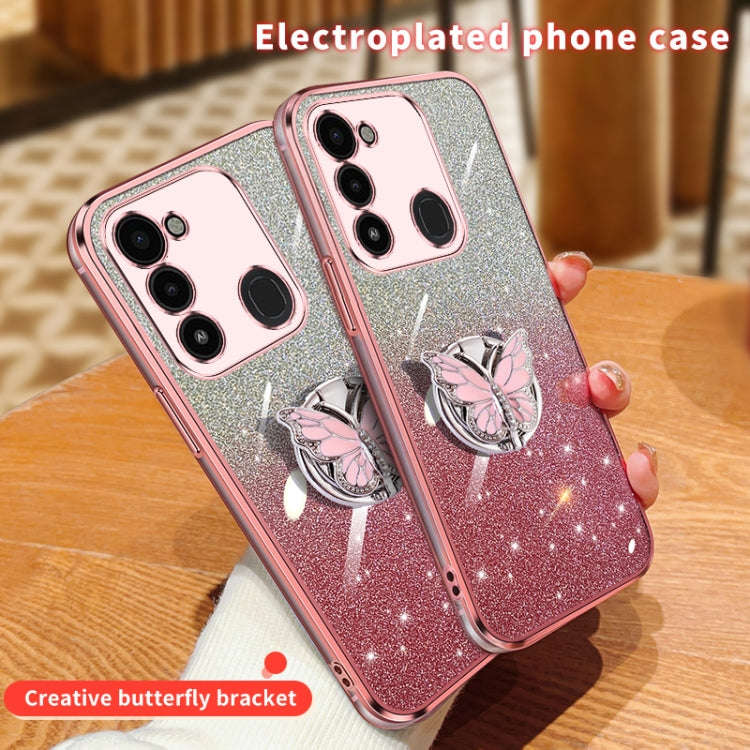 For Tecno Spark Go 2022 Plated Gradient Glitter Butterfly Holder TPU Phone Case(Sierra Blue)