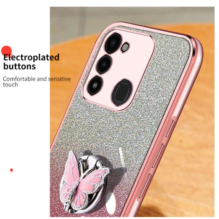 For Tecno Spark Go 2022 Plated Gradient Glitter Butterfly Holder TPU Phone Case(Sierra Blue)