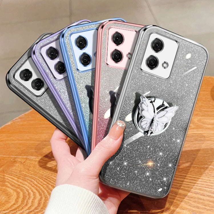 For Motorola Moto G84 Plated Gradient Glitter Butterfly Holder TPU Phone Case(Sierra Blue)