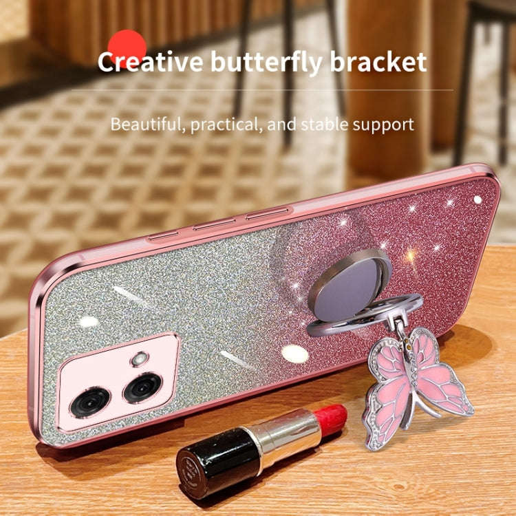 For Motorola Moto G84 Plated Gradient Glitter Butterfly Holder TPU Phone Case(Sierra Blue)