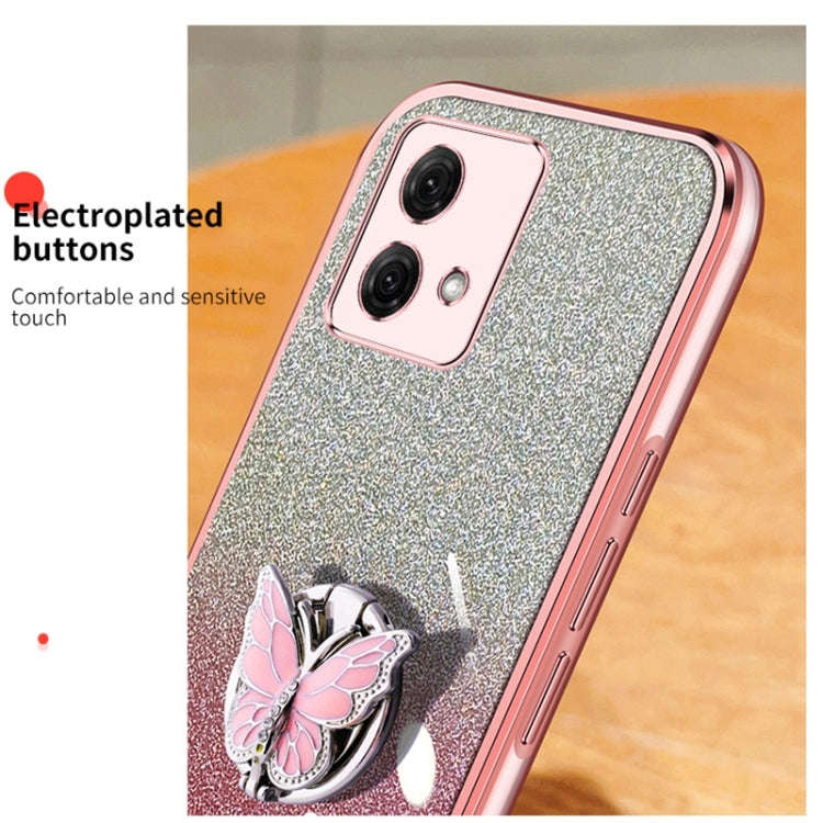 For Motorola Moto G84 Plated Gradient Glitter Butterfly Holder TPU Phone Case(Sierra Blue)