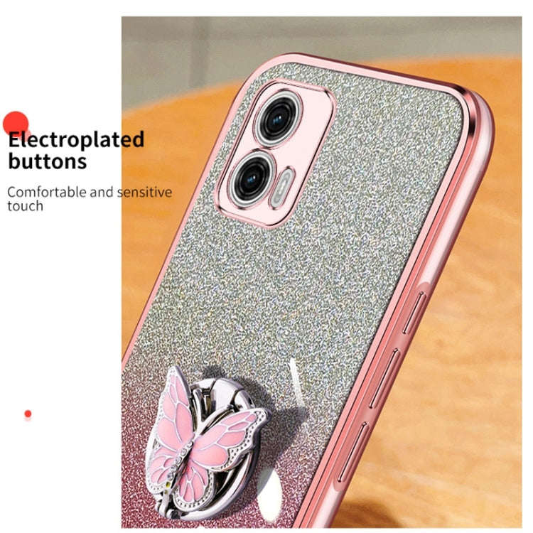For Motorola Moto G73 Plated Gradient Glitter Butterfly Holder TPU Phone Case(Sierra Blue)