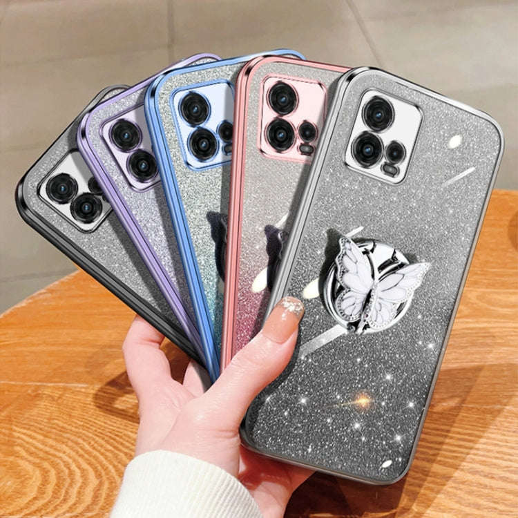 For Motorola Moto G72 Plated Gradient Glitter Butterfly Holder TPU Phone Case(Sierra Blue)