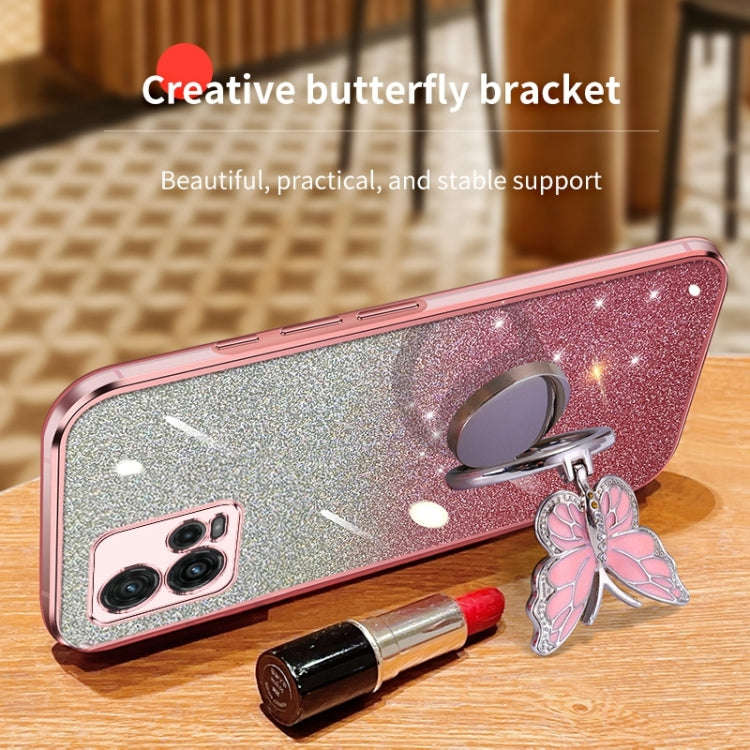 For Motorola Moto G72 Plated Gradient Glitter Butterfly Holder TPU Phone Case(Sierra Blue)