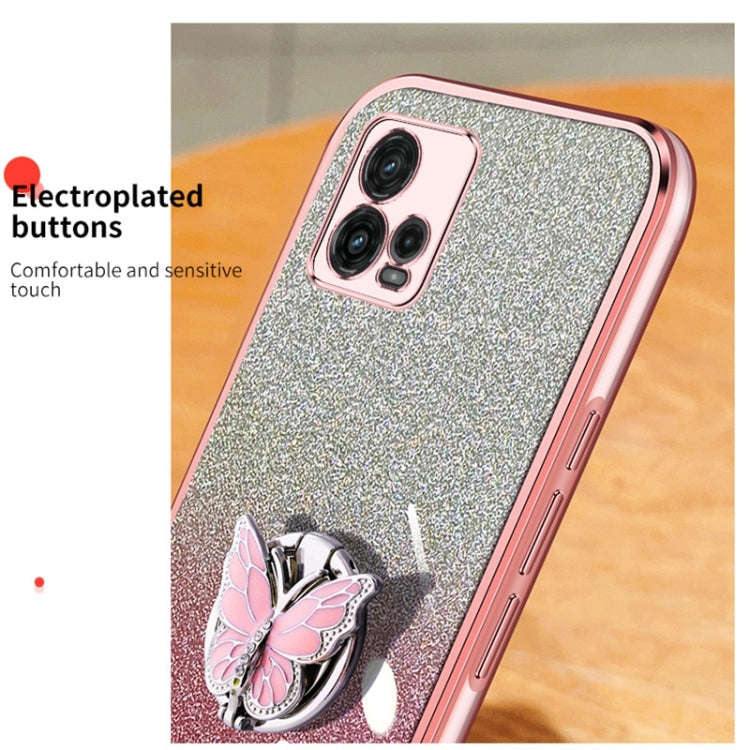 For Motorola Moto G72 Plated Gradient Glitter Butterfly Holder TPU Phone Case(Sierra Blue)