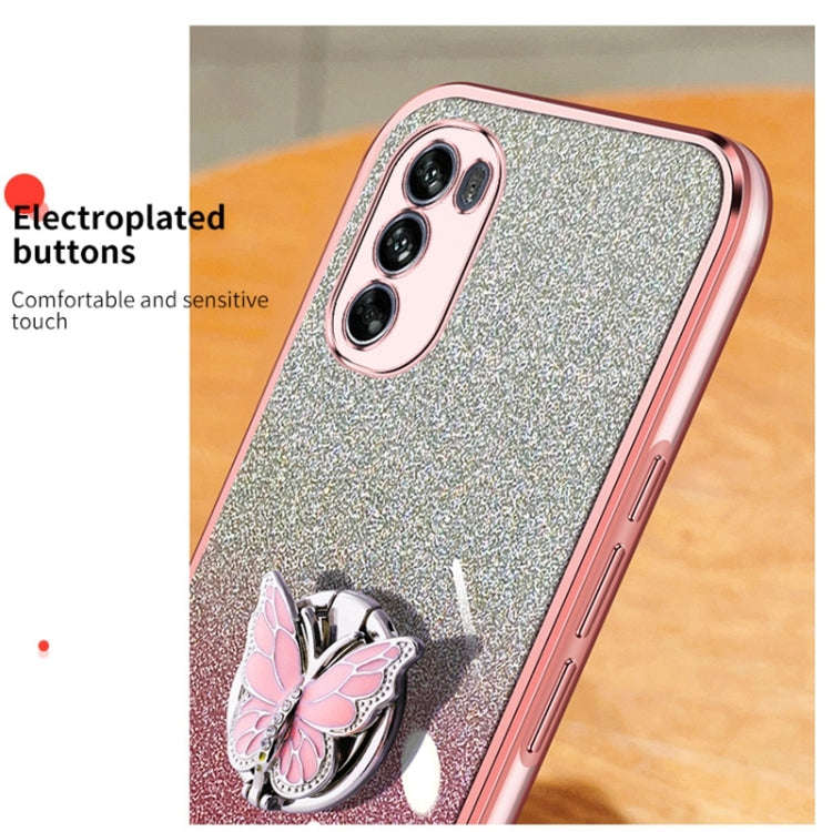 For Motorola Moto G62 5G Plated Gradient Glitter Butterfly Holder TPU Phone Case(Silver)