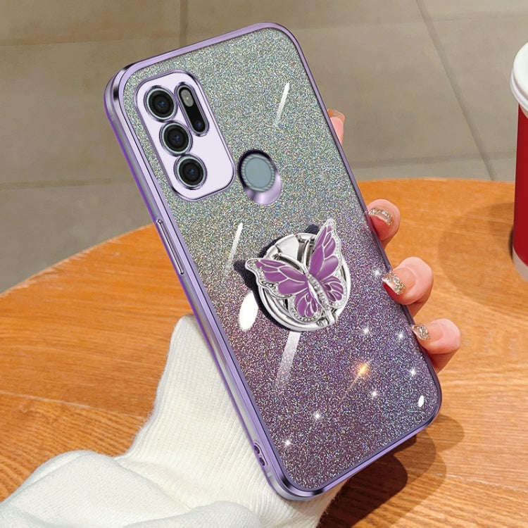 For Motorola Moto G60S Plated Gradient Glitter Butterfly Holder TPU Phone Case(Purple)