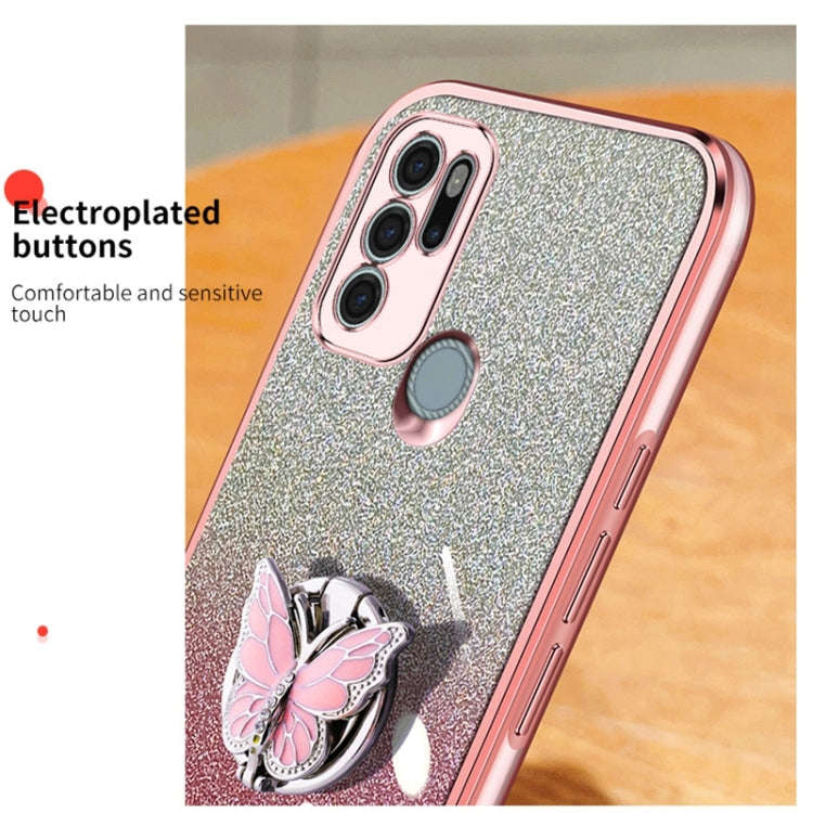 For Motorola Moto G60S Plated Gradient Glitter Butterfly Holder TPU Phone Case(Silver)