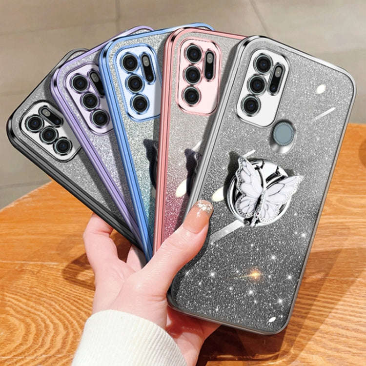 For Motorola Moto G60S Plated Gradient Glitter Butterfly Holder TPU Phone Case(Sierra Blue)