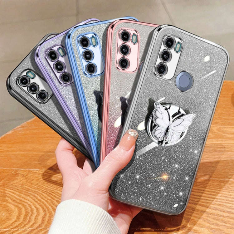 For Motorola Moto G60 Plated Gradient Glitter Butterfly Holder TPU Phone Case(Silver)