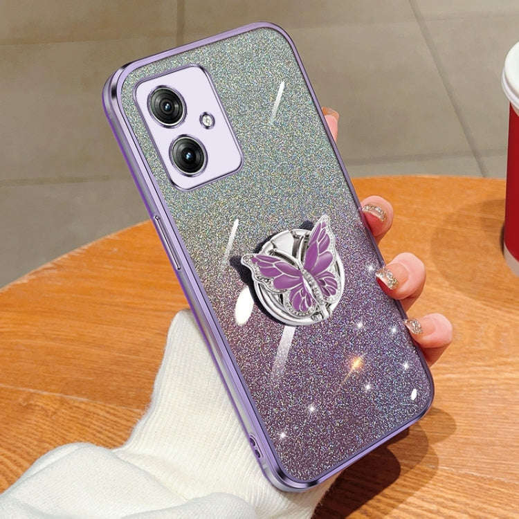 For Motorola Moto G54 Plated Gradient Glitter Butterfly Holder TPU Phone Case(Purple)