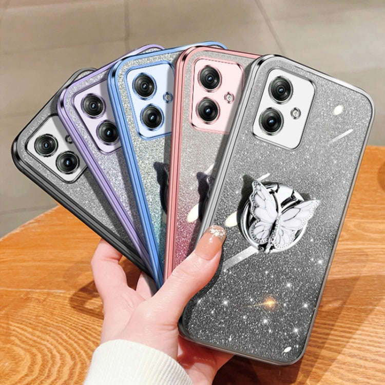 For Motorola Moto G54 Plated Gradient Glitter Butterfly Holder TPU Phone Case(Silver)