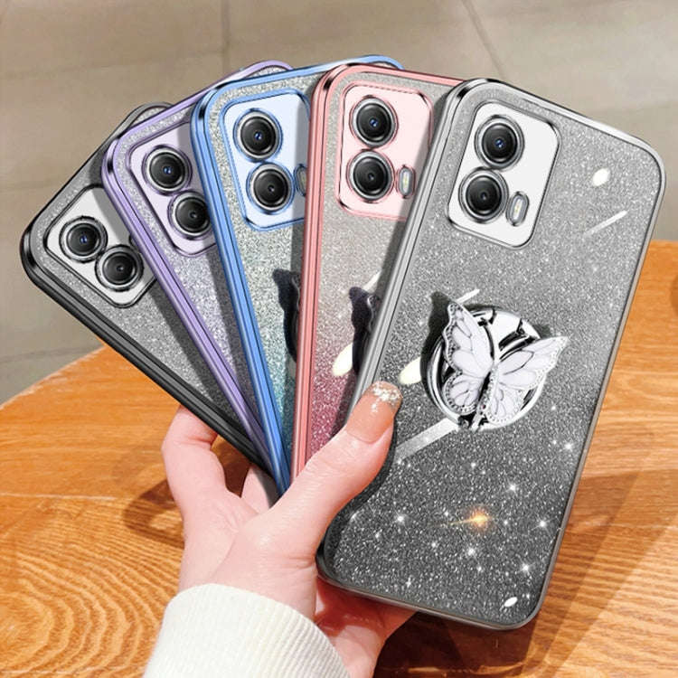 For Motorola Moto G53 5G Plated Gradient Glitter Butterfly Holder TPU Phone Case(Purple)