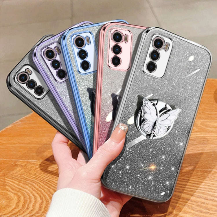 For Motorola Moto G42 Plated Gradient Glitter Butterfly Holder TPU Phone Case(Sierra Blue)