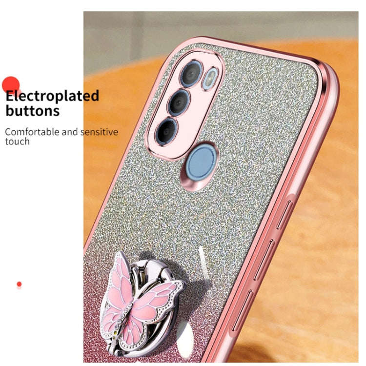 For Motorola Moto G31 Plated Gradient Glitter Butterfly Holder TPU Phone Case(Sierra Blue)