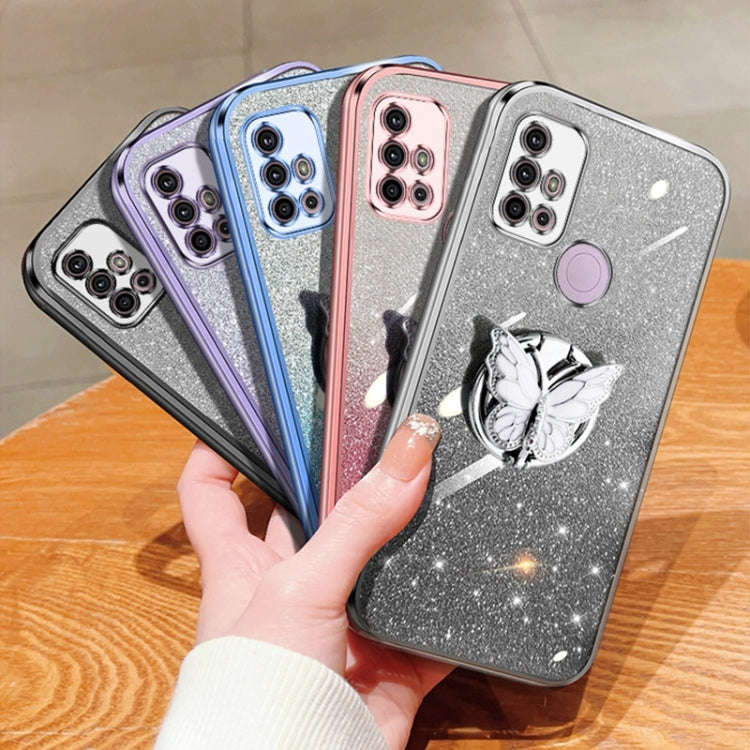 For Motorola Moto G30 Plated Gradient Glitter Butterfly Holder TPU Phone Case(Sierra Blue)