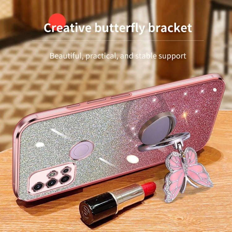 For Motorola Moto G30 Plated Gradient Glitter Butterfly Holder TPU Phone Case(Sierra Blue)