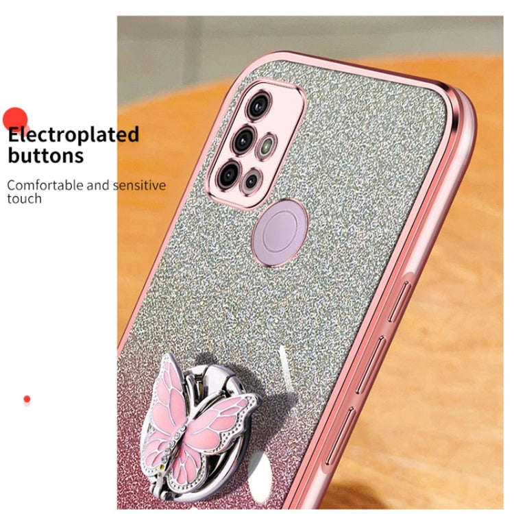 For Motorola Moto G30 Plated Gradient Glitter Butterfly Holder TPU Phone Case(Sierra Blue)