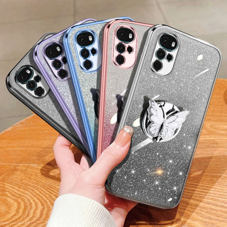 For Motorola Moto G22 Plated Gradient Glitter Butterfly Holder TPU Phone Case(Sierra Blue)