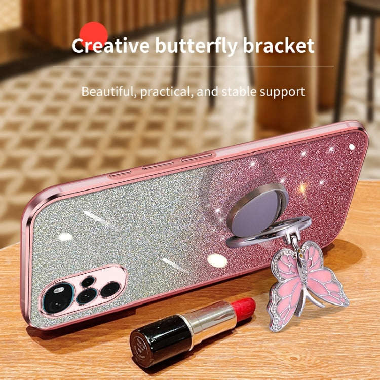 For Motorola Moto G22 Plated Gradient Glitter Butterfly Holder TPU Phone Case(Sierra Blue)
