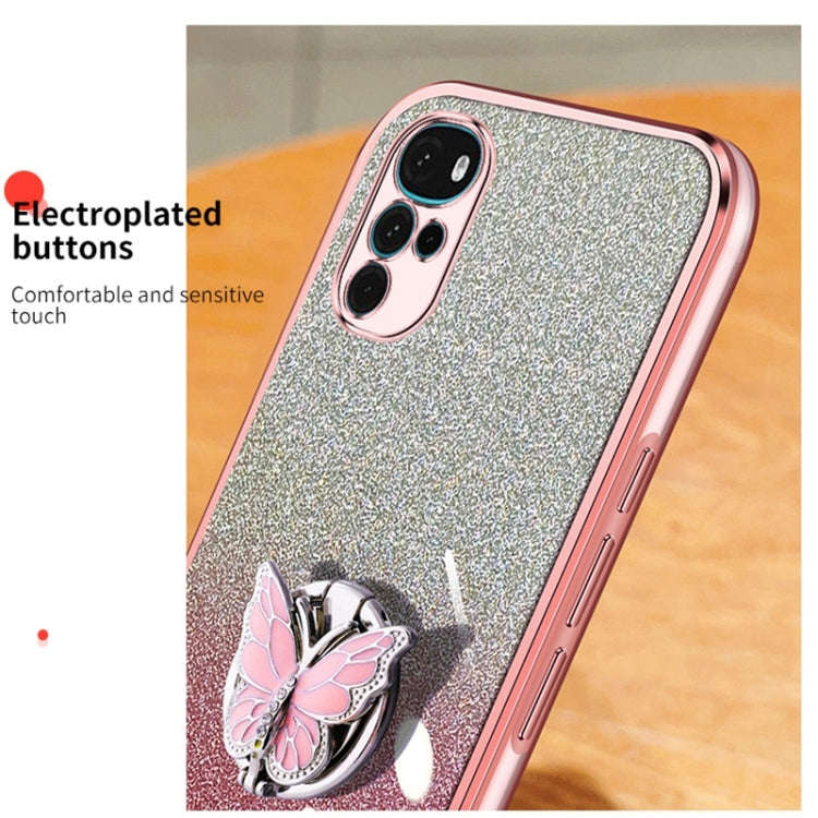 For Motorola Moto G22 Plated Gradient Glitter Butterfly Holder TPU Phone Case(Sierra Blue)
