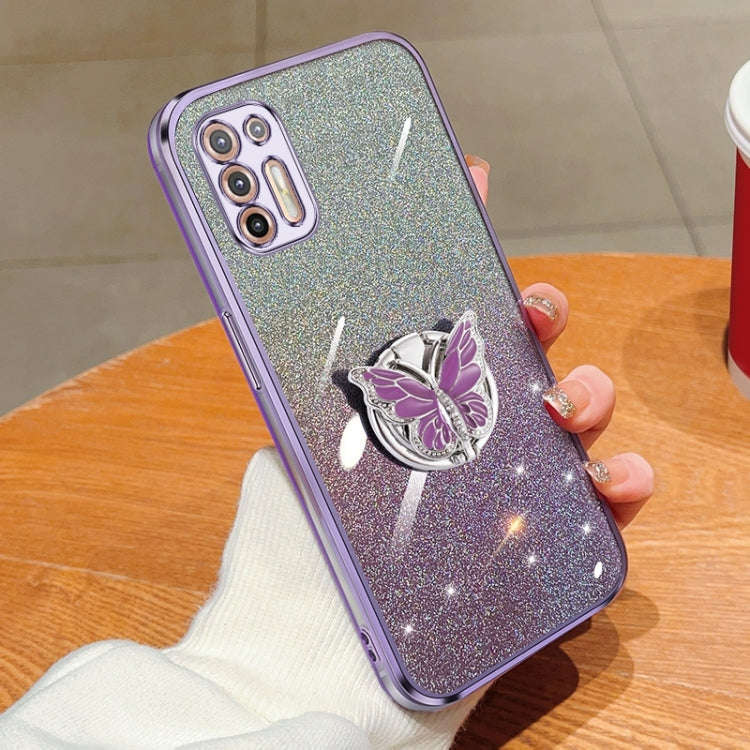 For Motorola Moto G9 Plus Plated Gradient Glitter Butterfly Holder TPU Phone Case(Purple)