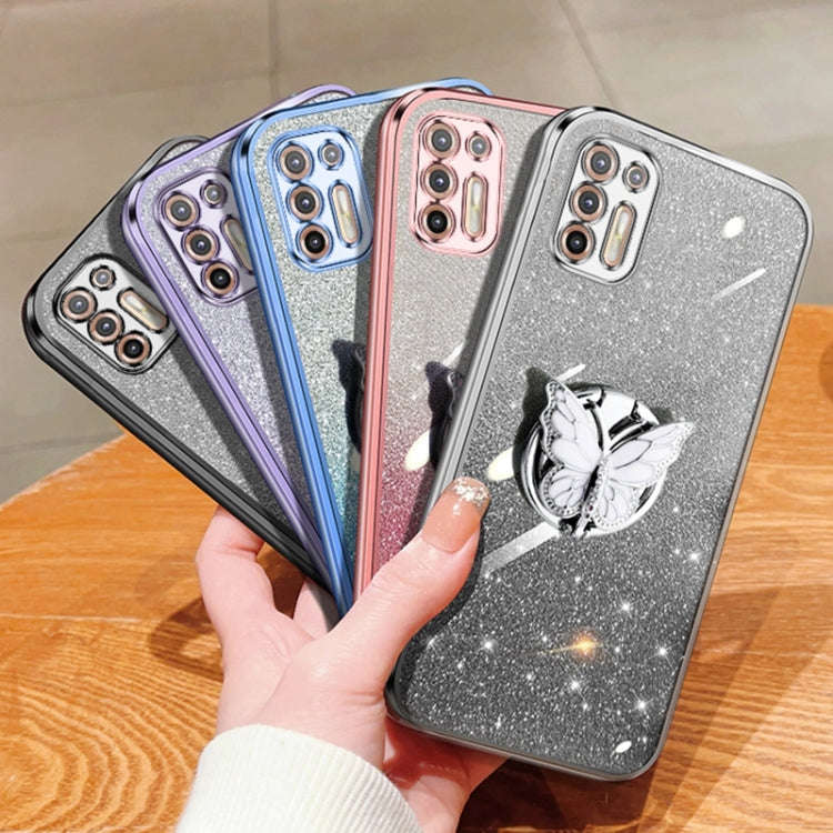For Motorola Moto G9 Plus Plated Gradient Glitter Butterfly Holder TPU Phone Case(Sierra Blue)