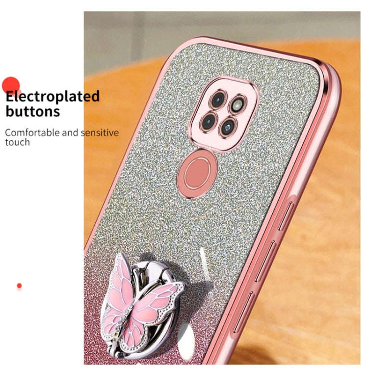 For Motorola Moto G9 Play Plated Gradient Glitter Butterfly Holder TPU Phone Case(Silver)