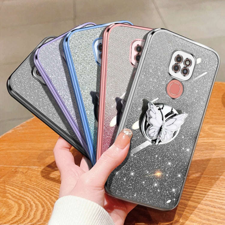 For Motorola Moto G9 Play Plated Gradient Glitter Butterfly Holder TPU Phone Case(Sierra Blue)