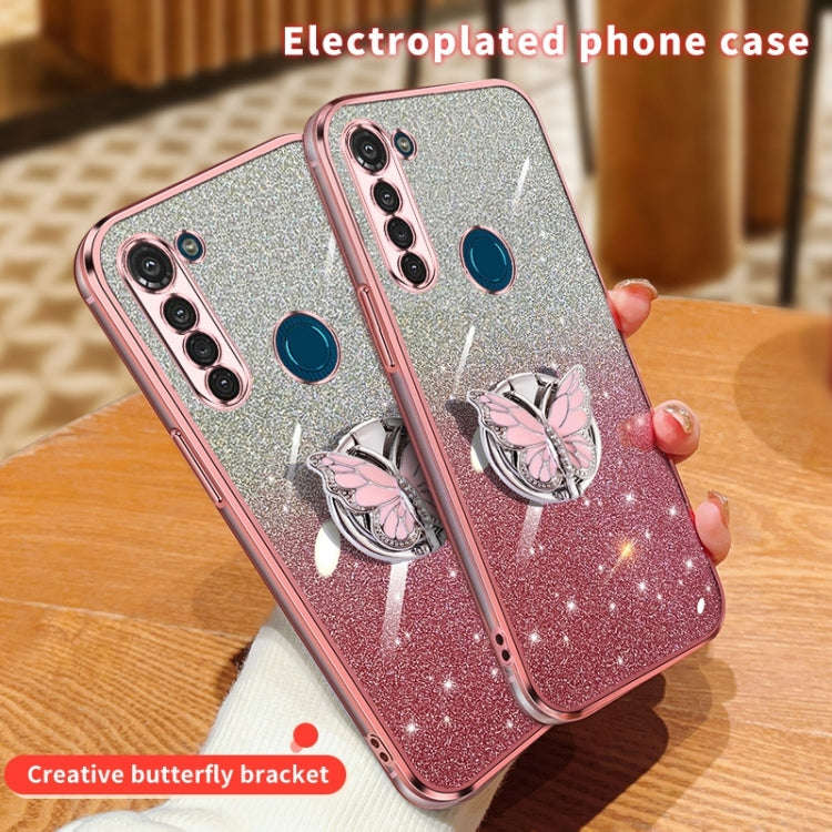 For Motorola Moto G8 Power Plated Gradient Glitter Butterfly Holder TPU Phone Case(Pink)