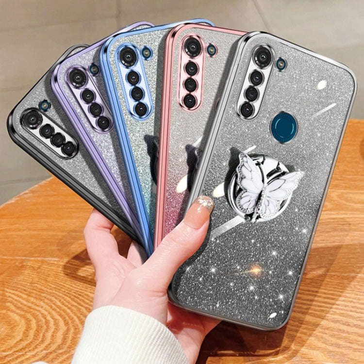 For Motorola Moto G8 Power Plated Gradient Glitter Butterfly Holder TPU Phone Case(Sierra Blue)