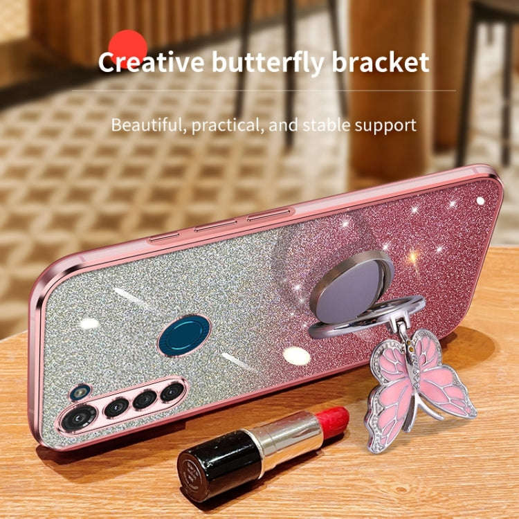 For Motorola Moto G8 Power Plated Gradient Glitter Butterfly Holder TPU Phone Case(Sierra Blue)