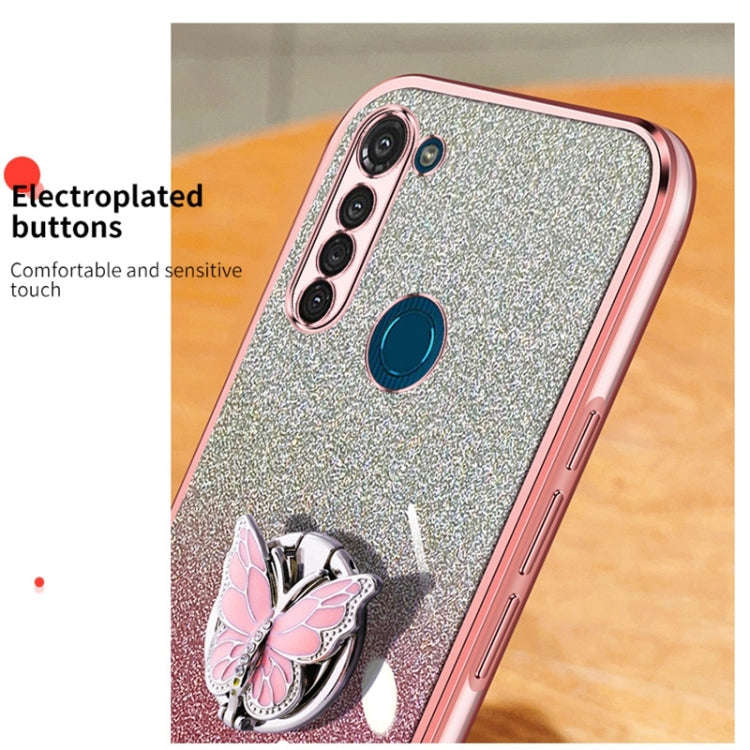 For Motorola Moto G8 Power Plated Gradient Glitter Butterfly Holder TPU Phone Case(Sierra Blue)