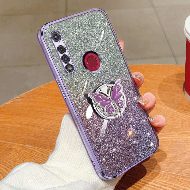For Motorola Moto G8 Play Plated Gradient Glitter Butterfly Holder TPU Phone Case(Purple)