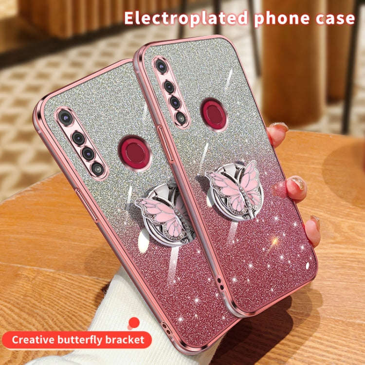 For Motorola Moto G8 Play Plated Gradient Glitter Butterfly Holder TPU Phone Case(Silver)